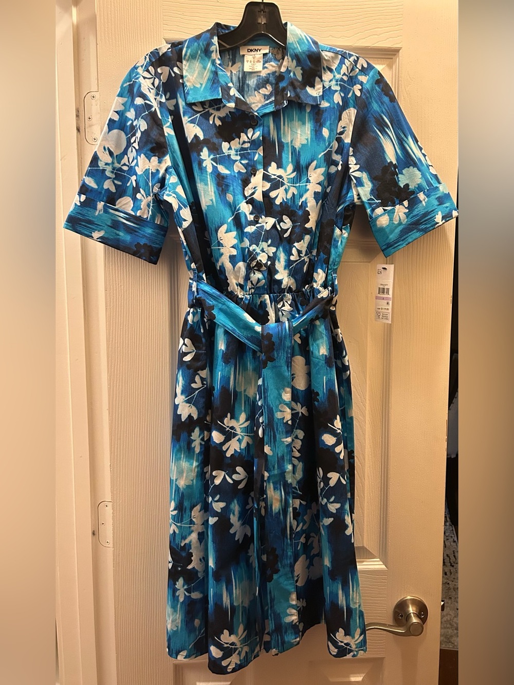 DKNY Blue and White Floral Midi Shirt Dress with Tie Waist - Picture 7 of 7